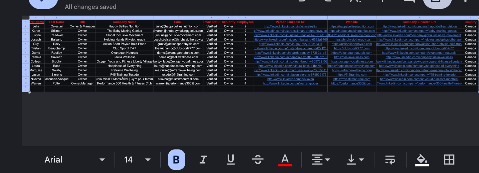 Google Sheets verified lead list