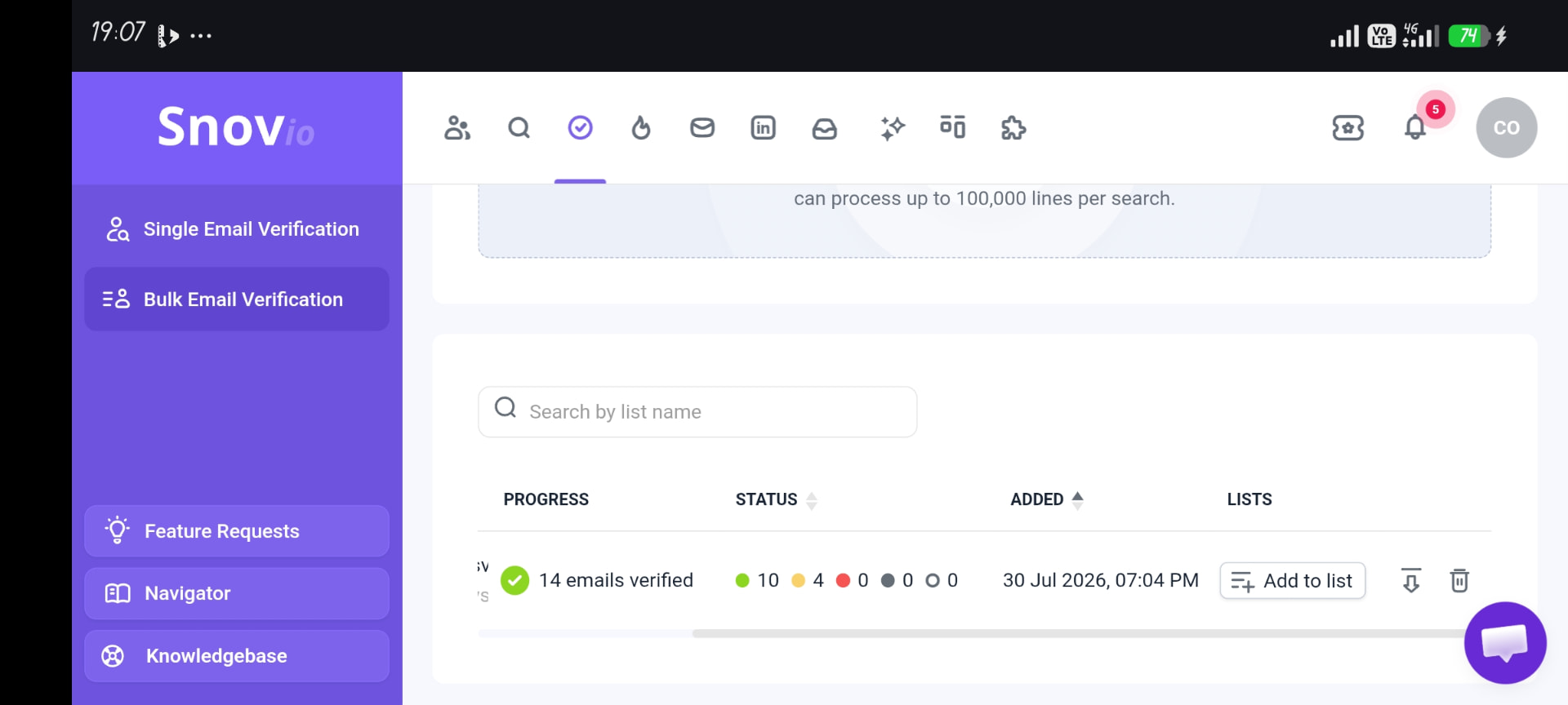 Snov.io bulk email verification screen